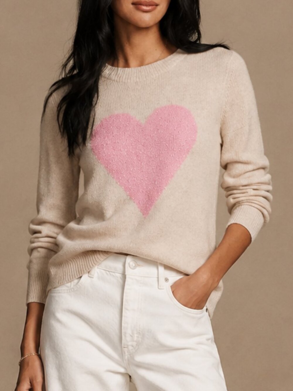 CeCe Sequin Heart Sweater Medium Pink Heart Cream Knit Stretch Size M NEW
